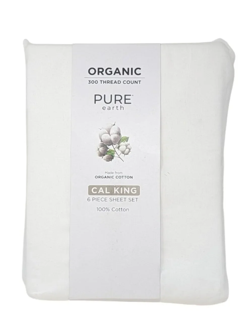 NEW Pure Earth Organic 300 Thread Count White California King Sheet Set